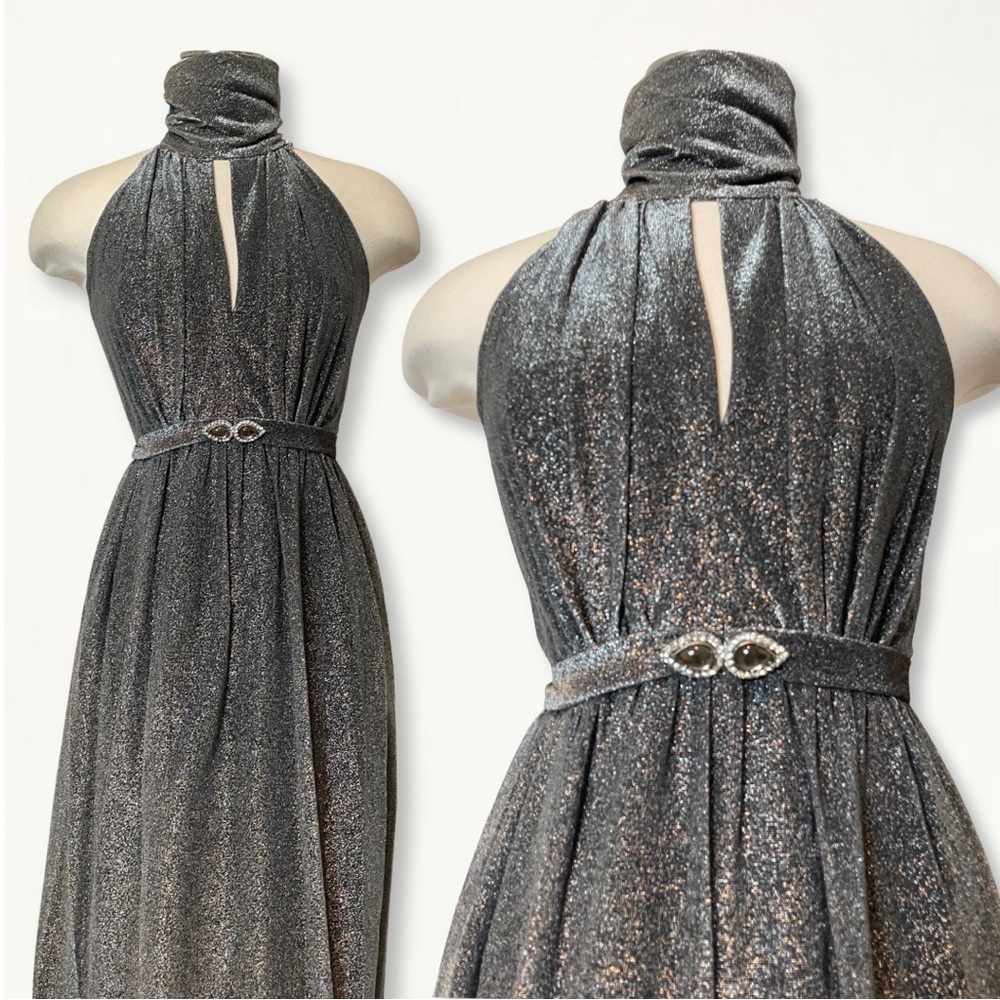 Vintage 1970s Silver Metallic Studio 54 Keyhole Jewel Belted Halter Maxi Dress - Picture 2 of 15